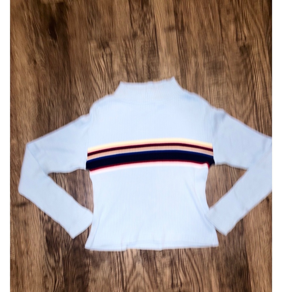 OCI Women XL Light Blue Ribbed Mock Neck Long Sleeve Striped Cotton Top Retro